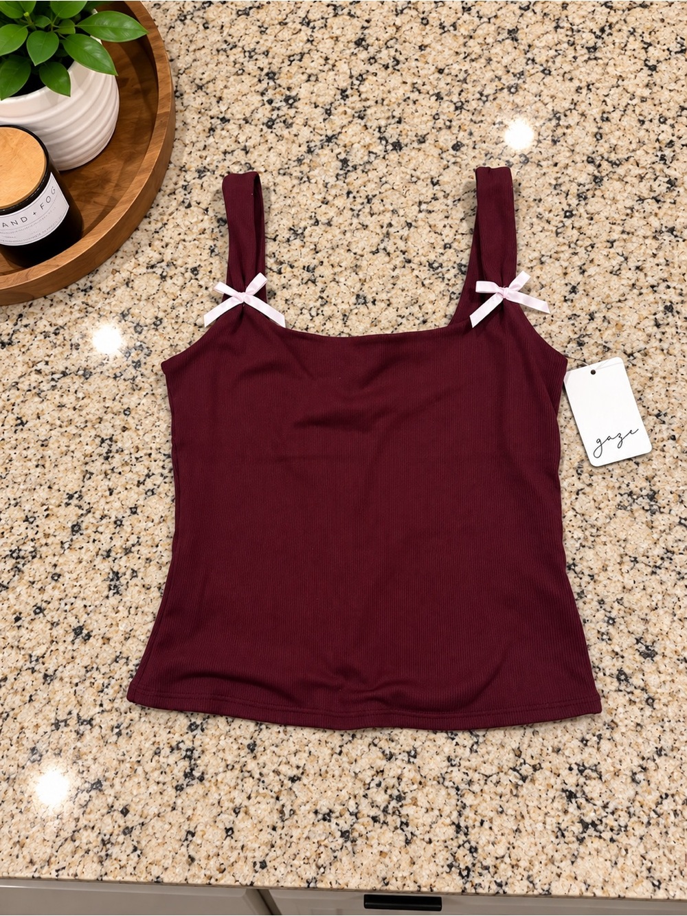 Ribbed Tank Top with Bow Straps - Burgundy